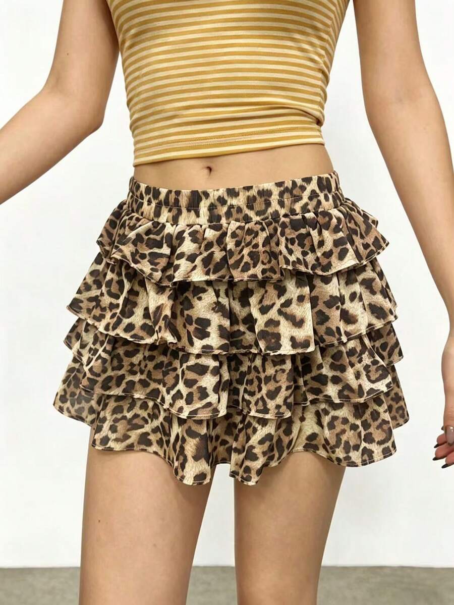 Rina Fox Falda de peplum con volantes y estampado de leopardo, primavera/verano - Caqui - Ver 1
