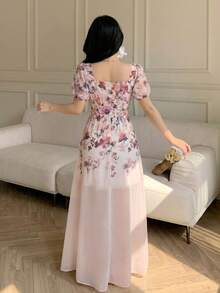 Celisse Floral Print Chest Tie Front Slit Dress For Women, Vacation - Apricot - View 2