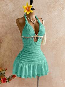 Soleia Turquoise Halter Twist Bodycon Mini Dress, Metal Accessories, Shell Decor, Suitable For Beach Holiday Vacation Resort Vacation In Summer/ Vacation Cruise Holiday Beach Sunbathi Zestiva Swimsuit, Dresses For Women Tropical - Mint Green - View 6