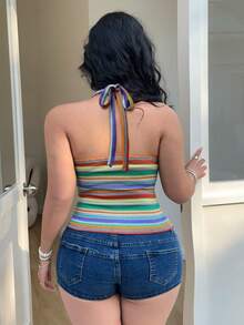 Sunnyshic Áo camo dệt kim móc nhiều màu sắc cầu vồng Y2K thanh lịch, dáng rộng, cỡ lớn dành cho nữ, thích hợp mặc mùa hè, đi nghỉ mát. - Nhiều màu - Xem 2