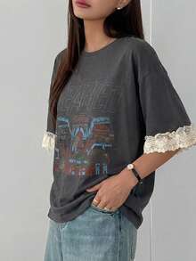 FRIFUL Women's Casual Loose Fit Letter Print Lace Patchwork Short Sleeve T-Shirt, Breathable Cotton, Versatile For Spring/Summer Oversized Graphic Tees Women - Grey - View 13