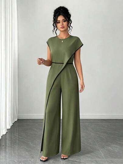 Elenzga Bộ jumpsuit cỡ lớn thanh lịch cổ tròn tay ngắn 2 trong 1, eo bất đối xứng có dây rút, ống rộng.