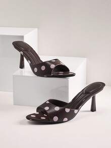 SHUZIA Sandalias de tacón de aguja con estampado de lunares minimalistas y sexys para mujer - Café integral - Ver 7