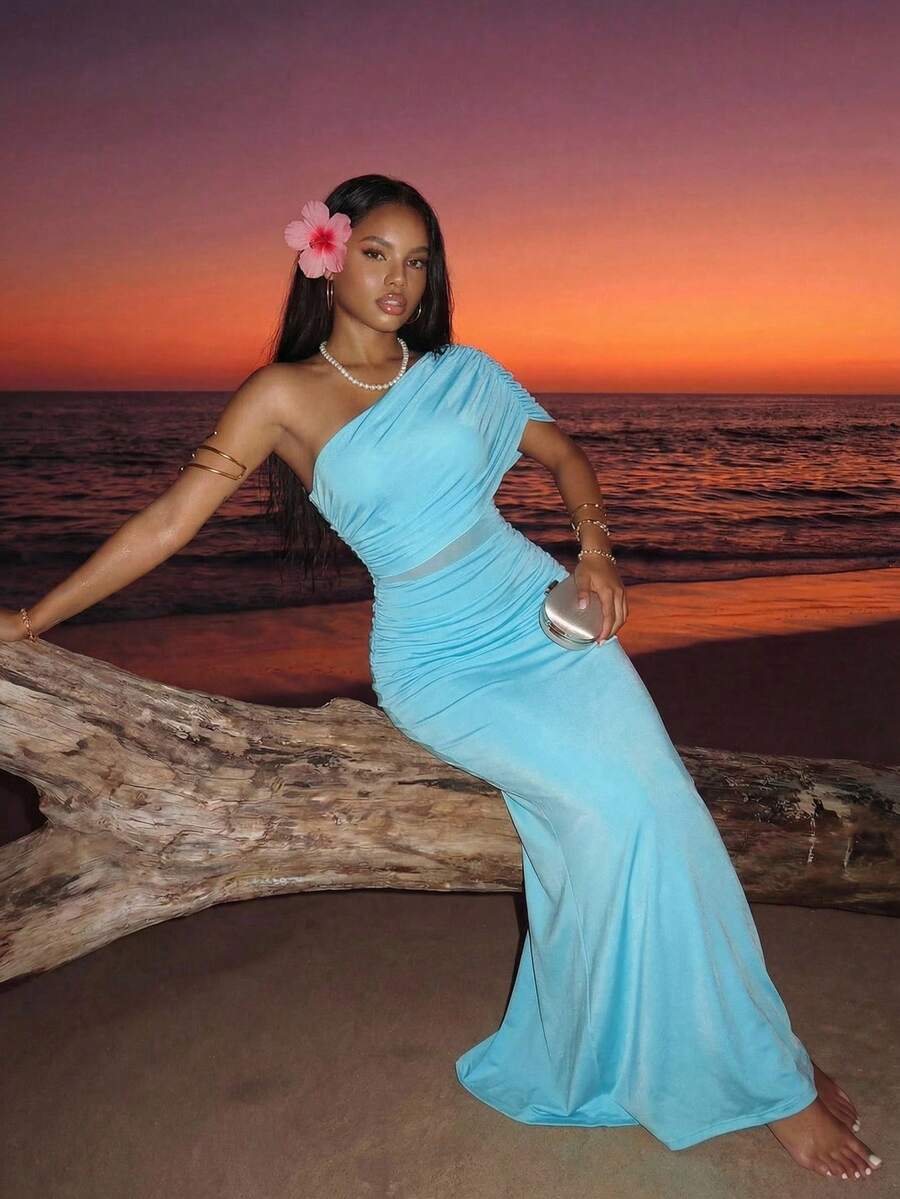 Slaydiva Nuevo vestido largo de gasa azul cielo, estilo bohemio y nómada, para primavera temprana, primavera y verano, festivales de música, San Valentín, Pascua, casual, sencillo y básico, fiesta de crucero, fiesta de cumpleaños, cita diaria, vacaciones casuales, elegante para ir al trabajo, hombros descubiertos, un solo hombro, hombros descubiertos, vestido largo estilizador, vestido de mujer extra largo