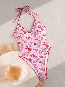 Swim Mod Women's Summer Beach Vacation Casual Cute Random Printed Ocean Starfish Contrast Color V-Neck One-Piece Swimsuit Pink - Multicolor - View 4