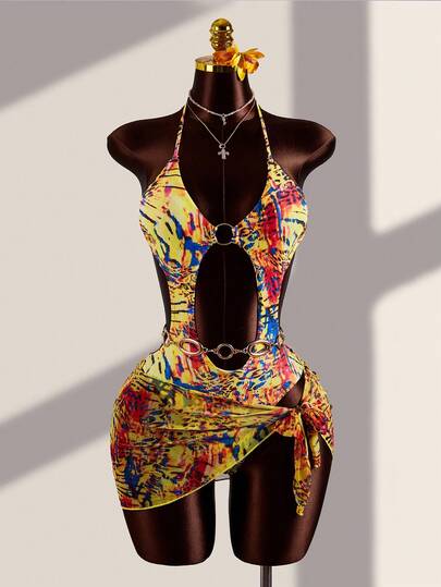 Zestiva Conjunto de traje de baño de una pieza/dos piezas con estampado de leopardo, escote en V profundo, sexy, para vacaciones de primavera/verano