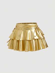 SHEIN MOD Chân váy xòe hai lớp kiểu dáng thường ngày dành cho nữ, có dây rút và thắt nút, chất liệu PU. - Vàng - Xem 3