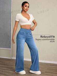SHEIN Tall Women's High Waist Wide Leg Loose Casual Versatile Denim Pants, Tall Women - Light Wash - View 5