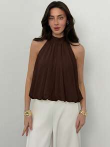 Aloruh Blusa casual de mujer de unicolor con hombros descubiertos - Café integral - Ver 4