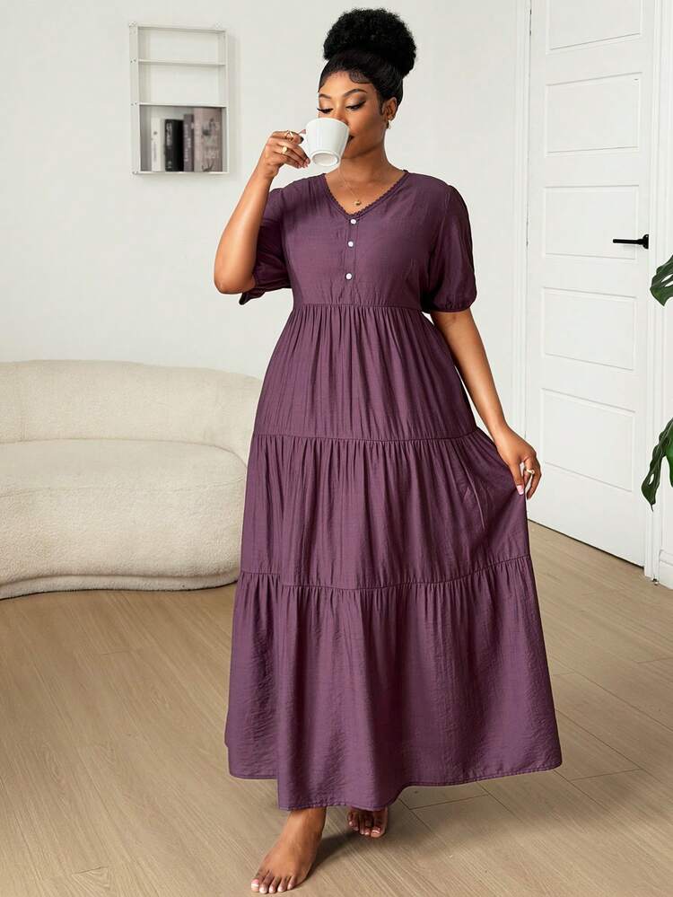 Dazy Plus Plus Size Women's Half-Zip Petal Sleeve Long Nightgown Dress, Elegant Purple, Spring/Summer