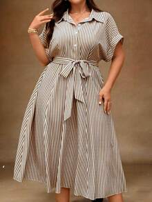 Breezaya Plus Size Blue & White Striped Cardigan Dress - Coffee Brown - View 5