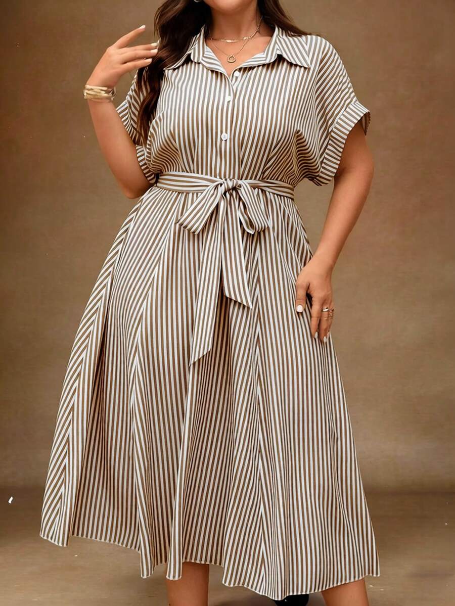 Breezaya Plus Size Blue & White Striped Cardigan Dress - Coffee Brown - View 1