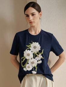 Anewsta Nueva camiseta de manga corta con cuello redondo, elegante, casual y versátil, con bordados y cuentas florales para mujeres, para primavera/verano - Azul Marino - Ver 7