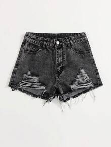 SHEIN PETITE Women's Casual Versatile Everyday Denim Shorts With Pockets And Distressed Design - Black - View 3