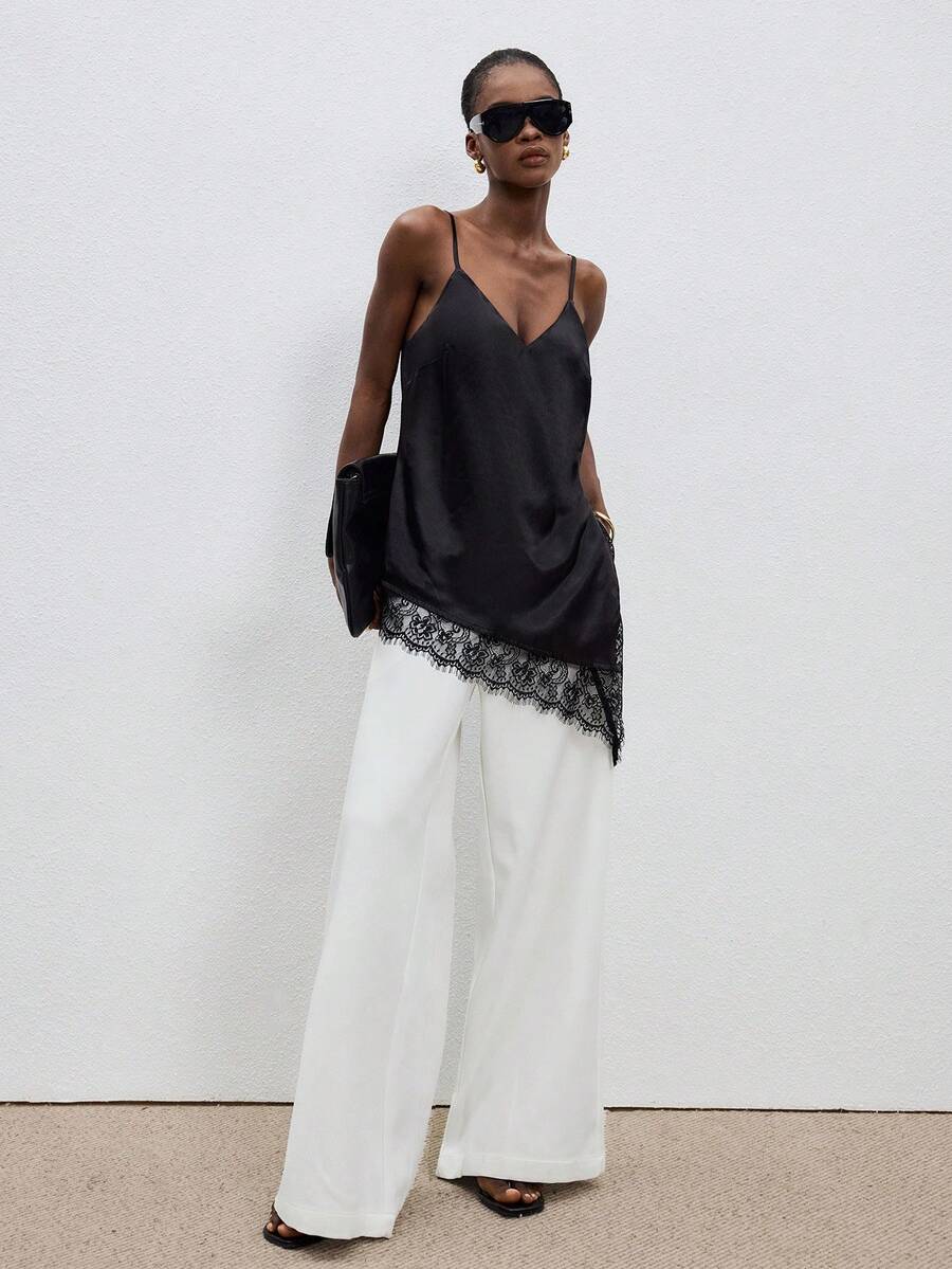 Women's Silk Blend Lace Camisole – Elegant Asymmetric Hem Top With Side Slit For Summer Beach, Party & Vacation - Black - View 1