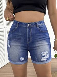 SHEIN CURVE+ Women's Plus Size Distressed High Waist Skinny Denim Shorts,Dark Blue,Summer,Casual,Hiking Ripped Jean Shorts With Rolled Hem Y2k Chic Cute Streetwear - Blue - View 3