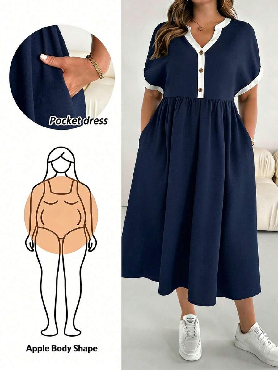 SHEIN Essnce Plus Size Women's Color Block V-Neck Short Sleeve Pocket Casual Dress - Navy Blue - View 1