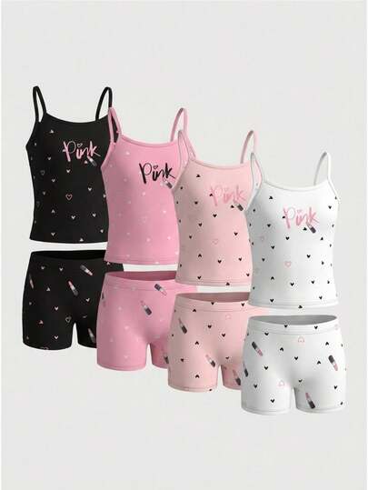 SHEIN GraphicGems 1 Set Pink Lipstick Kids 4-Piece Outfit, Includes Sweet Heart-Shaped Lipstick Print Styles, Fully Printed Hearts And Lipstick Patterns, Pink Letter Color Options In Light Pink, Black, Dark Pink, White, Made Of Lightweight, Smooth Polyester Fabric, Comfortable Spaghetti Strap And Shorts Design (4 Sets Sold As A Combination)