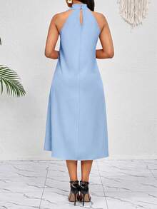 SHEIN Lady Women Elegant Light Blue Flowy Halterneck Long Dress With Ruffled And Floral Detailing Perfect For Summer Occasions - Baby Blue - View 2