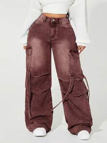 SHEIN ICON Plus Size Color Block Pocket Thermal Lined Fashionable Wide Leg Cargo Jeans - Coffee Brown - View 3