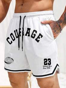 Manfinity Campus Court Men's Letter & Number Print Drawstring Waist Casual Versatile Daily Wear Shorts - White - View 1