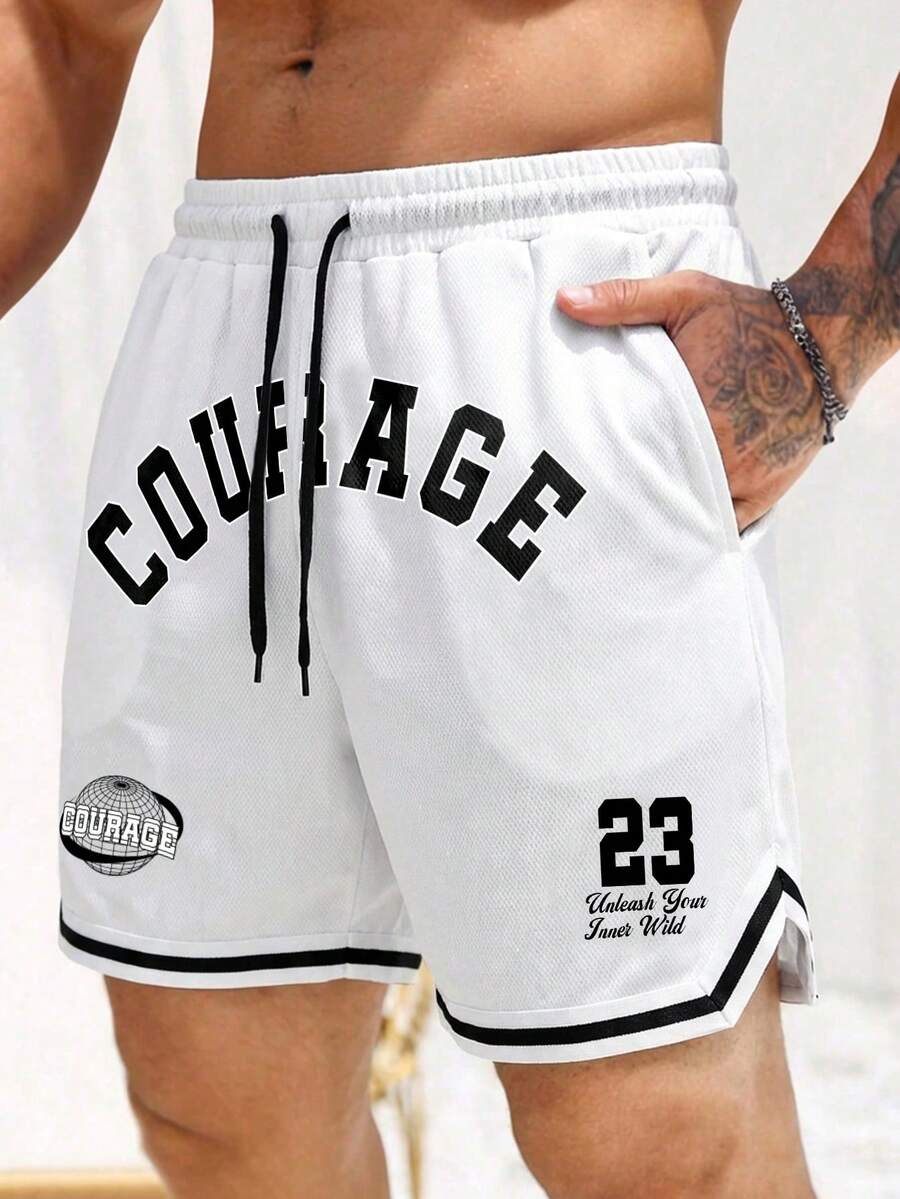 Manfinity Campus Court Men's Letter & Number Print Drawstring Waist Casual Versatile Daily Wear Shorts - White - View 1