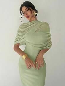 Firerie 优雅浪漫的黄色纯色荷叶边领不对称褶裥修身连衣裙，适合女士沙滩装、机场装、度假装、教师装。 - 綠色 - 查看 2