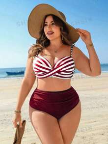 Swim Lushoire Bộ đồ bơi nữ cỡ lớn gồm áo tankini in sọc có đệm mút và quần cạp cao xếp ly, thích hợp cho mùa hè đi biển và nghỉ mát. - Đỏ và trắng - Xem 3