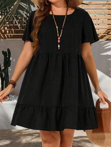 EMERY ROSE 大码度假休闲纯色短袖连衣裙，女士夏季服装，复活节连衣裙，波西米亚风，锐舞派对服装，复活节曲线身材服装，乡村音乐会服装 - 黑色 - 查看 6