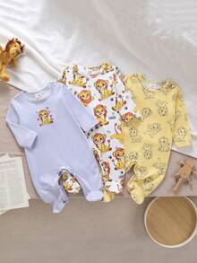 Bộ 3 món cho bé sơ sinh: áo liền quần dài tay và quần, họa tiết sư tử dễ thương, chất liệu vải dệt kim. - Nhiều màu - Xem 4