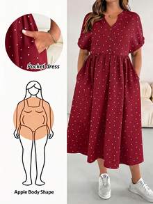 SHEIN Essnce فستان كاجوال للسيدات ذوات الأحجام الكبيرة مطبوع بنقاط مع كشكشة - الأحمر - مشاهدة 1