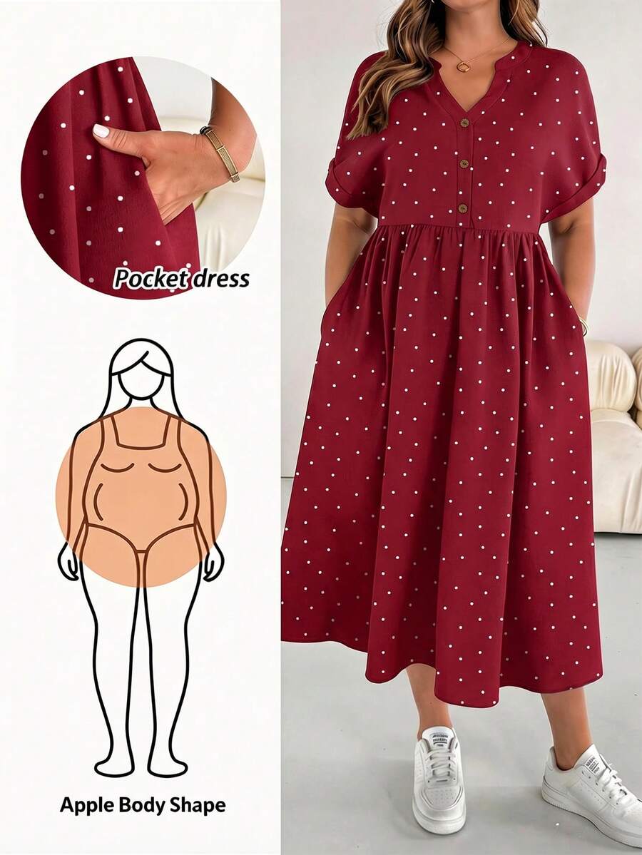 SHEIN Essnce فستان كاجوال للسيدات ذوات الأحجام الكبيرة مطبوع بنقاط مع كشكشة - الأحمر - مشاهدة 1
