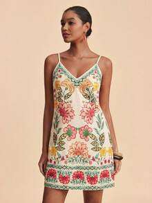 SHEIN TRVLCHIC Spring/Summer Vacation Chiffon Printed Spaghetti Strap Mini Dress For Women - Multicolor - View 3