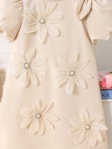 Elladie kids Young Girls Elegant Dress With Bow Decor Handbag, Puff Sleeve Big Bow 3D Flower Design Dress Suitable For Casual, Holiday, Party Occasions - Apricot - View 10