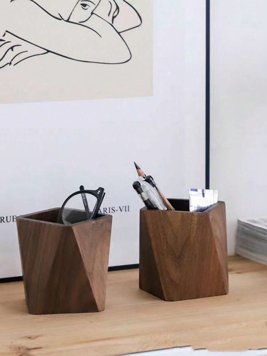 1pc Black Walnut Wood Pen Holder, Remote Control & Office Desk Storage Box, Rhombus & Square Pencil Cup, Pen Holder, Pencil Case, Office Decor, Crayon Holder, Pen Pots, Office Equipment, Desktop Organizer, Office Stationery, Marker Storage,Makeup Organizer,Organizer,Storage Organizer,Skin Care Organizer,Office Storage,Stationery Organiser,Nail Storage,Bedroom Decor - Multicolor - View 1