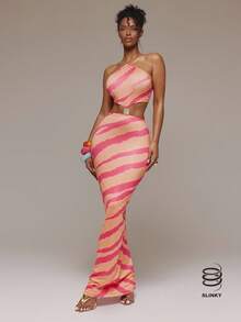 MUSERA Đầm maxi ôm sát in họa tiết, khoét eo, cổ yếm, thích hợp cho mùa xuân hè, lễ hội Ibiza, kỳ nghỉ, dễ thương, gợi cảm, phong cách Y2K, đi chơi đêm, câu lạc bộ, nhiệt đới, quyến rũ. - trái cam - Xem 1