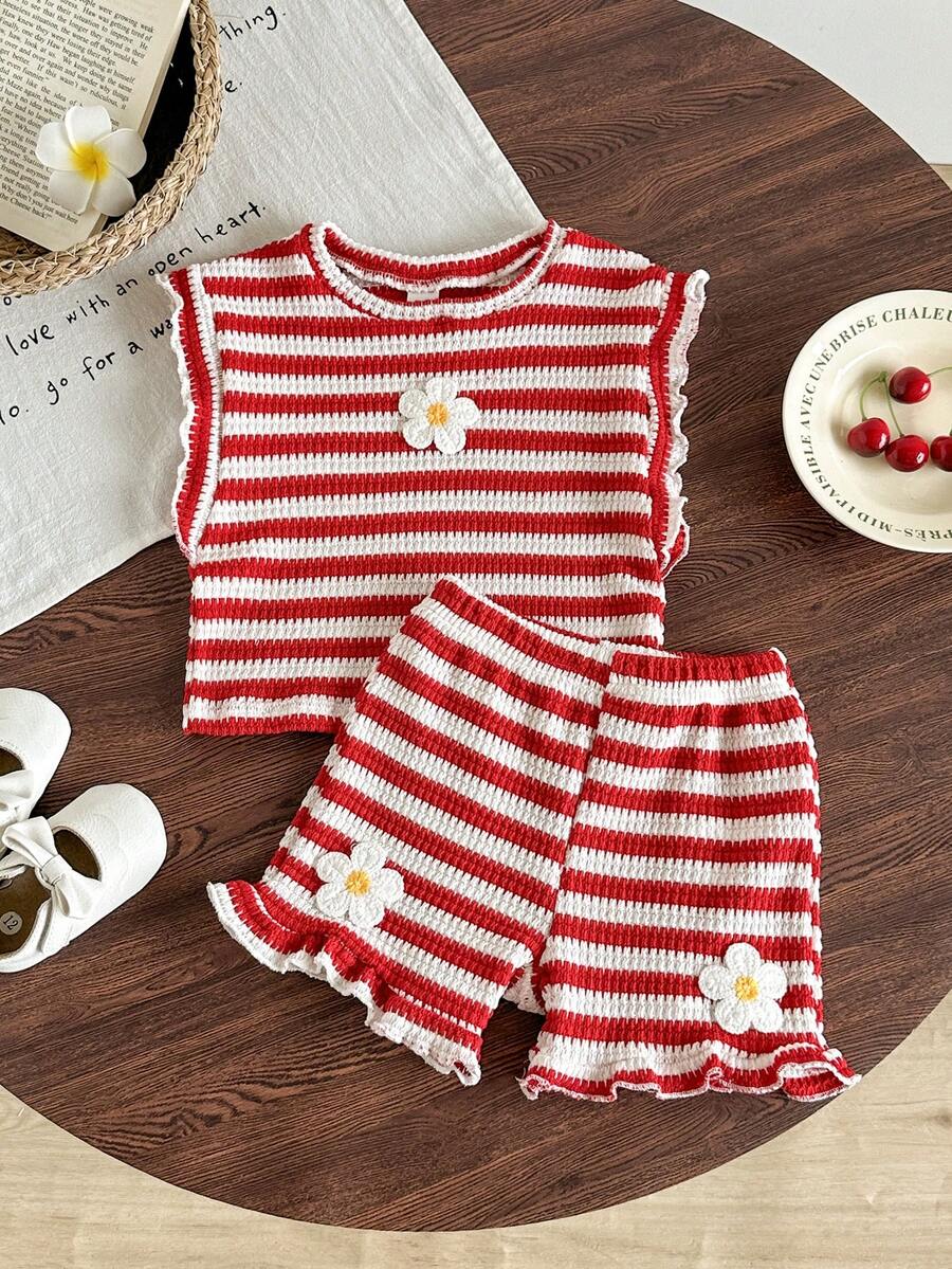SHEIN 2件套女婴0-3岁春夏休闲日常度假针织黑白条纹荷叶袖圆领T恤和短裤套装 - 紅色 - 查看 1