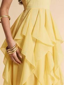 SHEIN BAE Đầm chữ A thanh lịch màu vàng chiffon với viền bèo nhún, đầm vàng, đầm đi nghỉ mát, đầm sinh nhật, đầm dự tiệc, đầm duyên dáng, đầm xuân/hè - Màu vàng - Xem 6