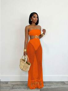 BamGleam Women's Sexy Hollow Out Fishnet Design Strapless Vacation/Date Dress - Orange - View 5