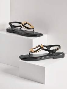 SHUZIA Women's Fashion Comfy Gold Metal Ring Decor Thong Strap Flat Sandals - Black - View 6