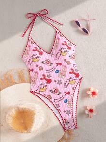 Swim Mod Women's Summer Beach Vacation Casual Cute Random Printed Ocean Starfish Contrast Color V-Neck One-Piece Swimsuit Pink - Multicolor - View 3