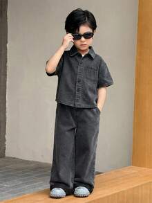 2pcs/Set Young BoyDark Gray Denim Loose Shirt And Wide Leg Pants - Dark Grey - View 5