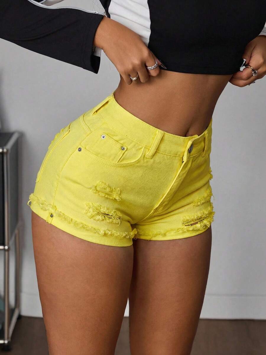 SHEIN PETITE 女款休閒時尚街頭風日常通勤純色水洗做舊牛仔短褲,夏季,小個女款 - 黃色 - 查看 1
