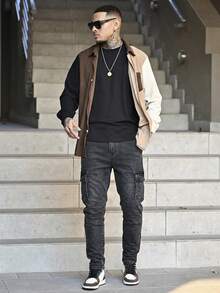 Devon Thys 男士时尚工装口袋褶裥休闲牛仔裤 - 灰色 - 查看 1