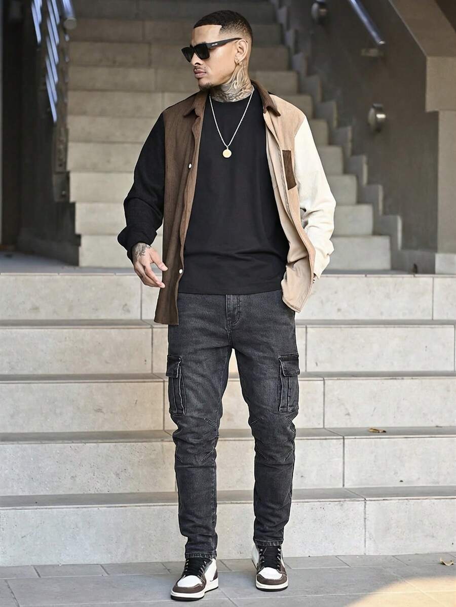 Devon Thys 男士时尚工装口袋褶裥休闲牛仔裤 - 灰色 - 查看 1