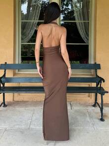 AmyJordy Vestido de calidad superior con correa de espagueti, unicolor, ajuste delgado, estilo vintage con cinturón para mujer, para fiesta - Marrón - Ver 2