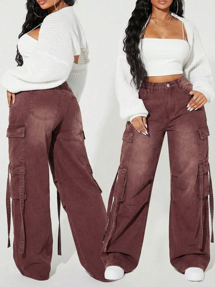 SHEIN ICON Plus Size Color Block Pocket Thermal Lined Fashionable Wide Leg Cargo Jeans - Coffee Brown - View 1