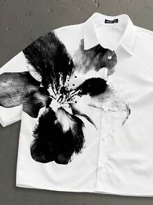 StoneGrade 中国风复古水墨印花短款宽松短袖衬衫，时尚休闲穿搭，约会聚会必备，适合作为男友礼物 - 白色 - 查看 2