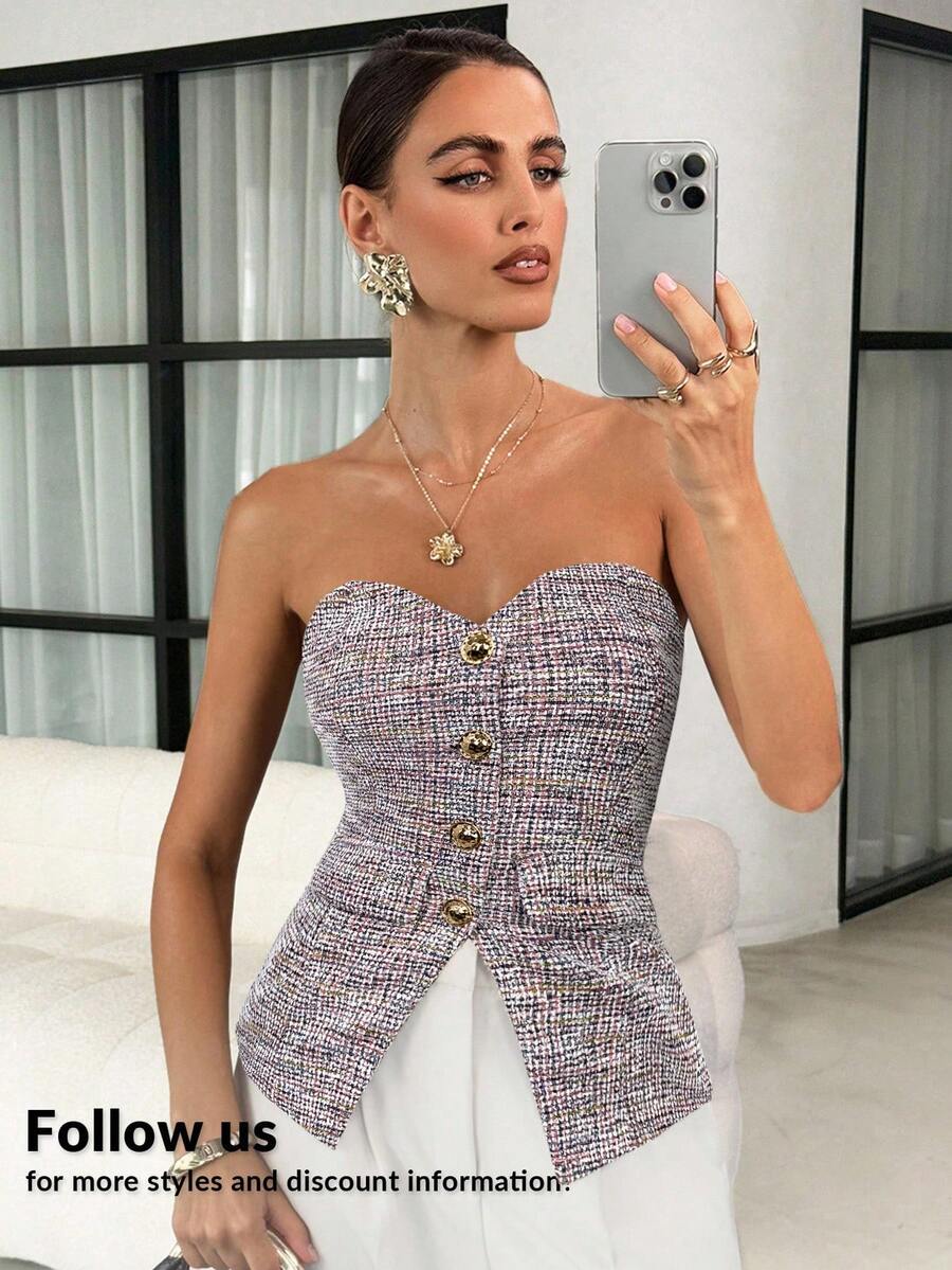 Lavishia 女士纯色抹胸上衣，休闲百搭日常穿着上衣 - 淺粉色 - 查看 1