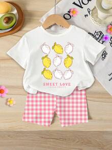 SHEIN Playful Pals 一套女婴甜美柠檬水果字母印花度假风短袖圆领T恤和撞色格子短裤套装，适合春夏穿着 - 彩色 - 查看 3